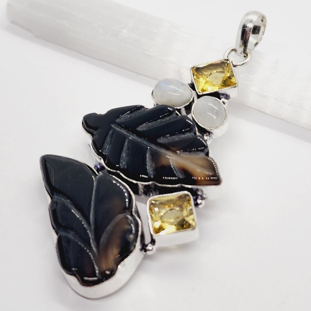 Autumn Fall Carved Agate Rainbow Moonstone Ethnic Handmade Pendant Jewelry 3.2"